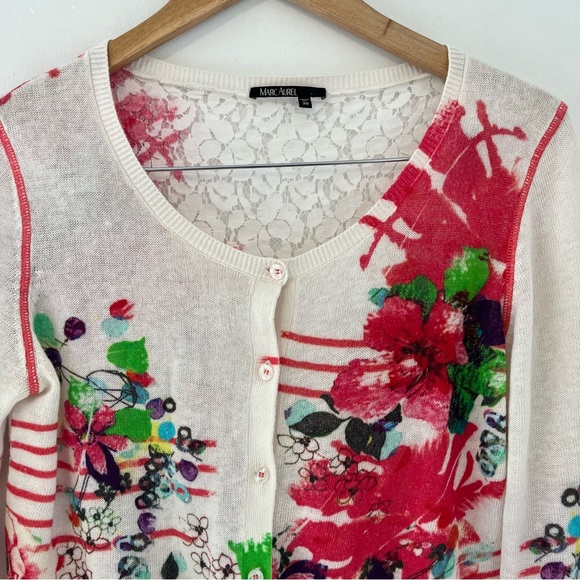 Floral Lace-Back Button Front Cardigan Sweater - White & Red Linen Blend - Picture 2 of 15